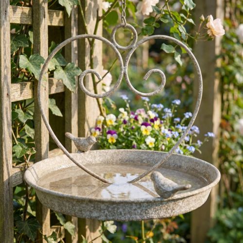 Article Abreuvoir décoratif en métal à suspendre avec motif cœur et oiseaux