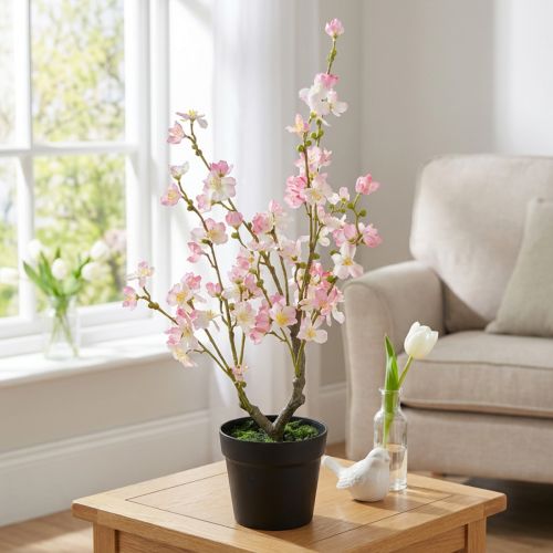 Article Grande plante artificielle amandier en pot, rose et blanc, 74 cm