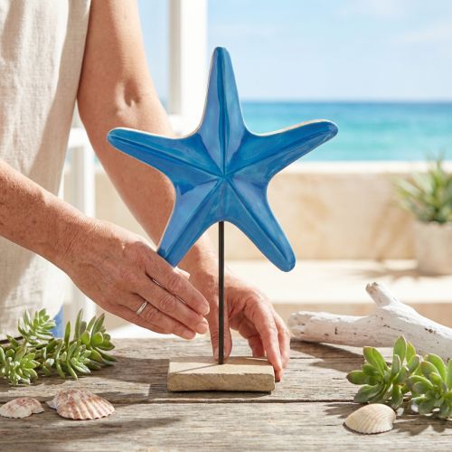 Décoration étoile de mer en bois sur socle 22 cm bleu et naturel | Floristik24.fr