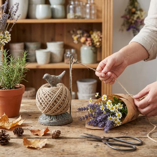 Support de bobine de fil vintage en métal avec oiseau et ficelle de jute H17 cm | Floristik24.fr
