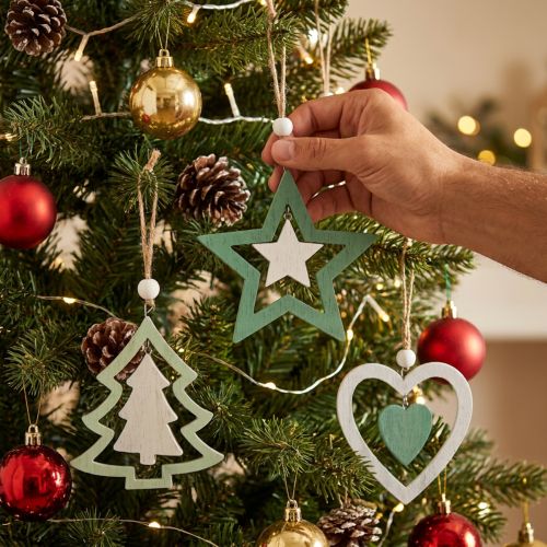 Ensemble de décorations en bois pour sapin - Étoiles, cœurs et sapins - Vert et blanc - 10 cm - Lot de 9 | Floristik24.fr