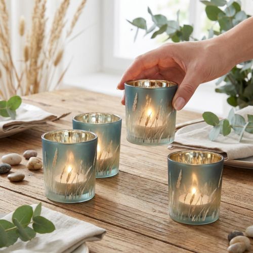 Photophore en verre bleu motif graminées intérieur doré 8 cm – Lot de 4 | Floristik24.fr