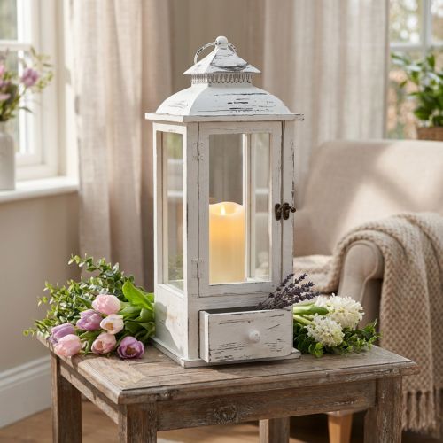 Lanterne décorative vintage avec tiroir blanc 20×20cm H51cm | Floristik24.fr