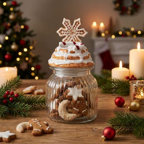 Bocal à biscuits en verre avec couvercle décoré de flocon de neige H20cm | Floristik24.fr