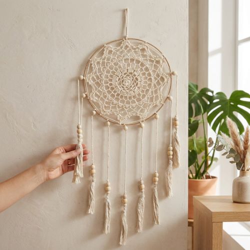 Attrape-rêves macramé décoratif boho chic en coton crème Ø22cm H54cm | Floristik24.fr