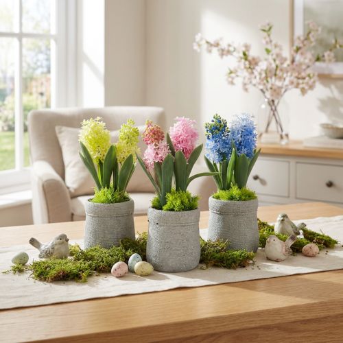 Hyacinthes artificielles en pot – jaune, rose et bleu – H23cm, lot de 3 | Floristik24.fr