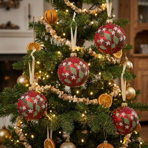 Boules de Noël en Verre Rouge avec Motif Floral Ø8cm Lot de 6 | Floristik24.fr