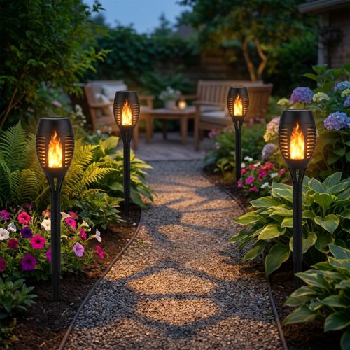 Article Lampes solaires LED effet flamme pour jardin et balcon, 38 cm, lot de 4