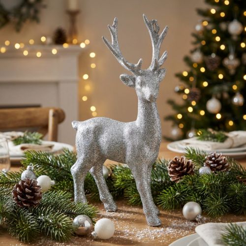 Article Figurine décorative cerf argenté avec paillettes 25 cm x 12 cm