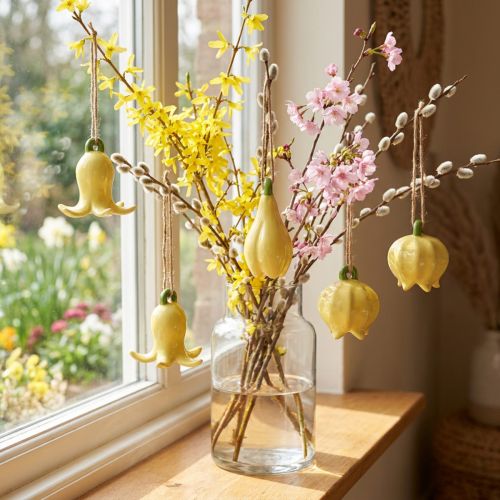 Set de 6 décorations suspendues fleurs en céramique jaune pour la maison - 9 cm | Floristik24.fr
