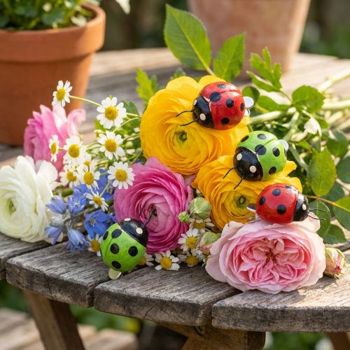 Coccinelles décoratives avec clip 4,5 cm en rouge et vert - Lot de 6 | Floristik24.fr