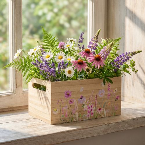 Article Caisse en bois décorative 30x18cm avec motifs de fleurs et papillons
