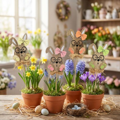 Décorations de Pâques en bois – Piques lapins avec lunettes et nœuds, lot de 12 | Floristik24.fr