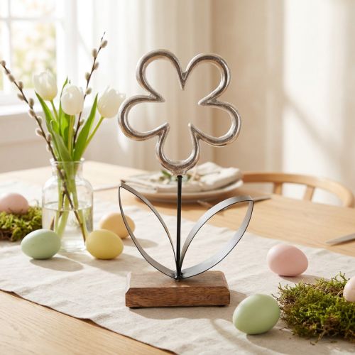 Fleur décorative en métal noir et argent avec socle en bois – Hauteur 36 cm | Floristik24.fr