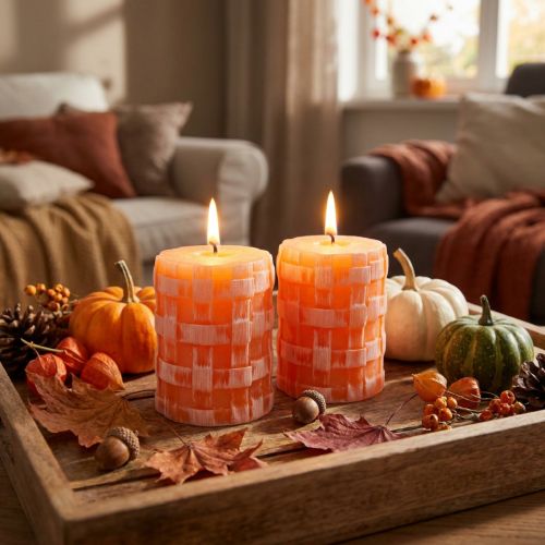 Bougies cylindriques orange effet rustique Ø 6,5 cm hauteur 8 cm – Lot de 2 | Floristik24.fr
