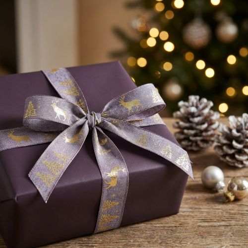 Ruban cadeau lavande or cerf de Noël 25mm 15m | Floristik24.fr