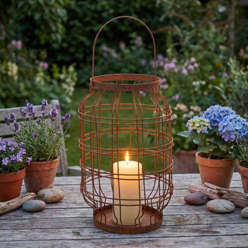 Lanterne de jardin en métal effet rouillé avec anse Ø19,5cm | Floristik24.fr