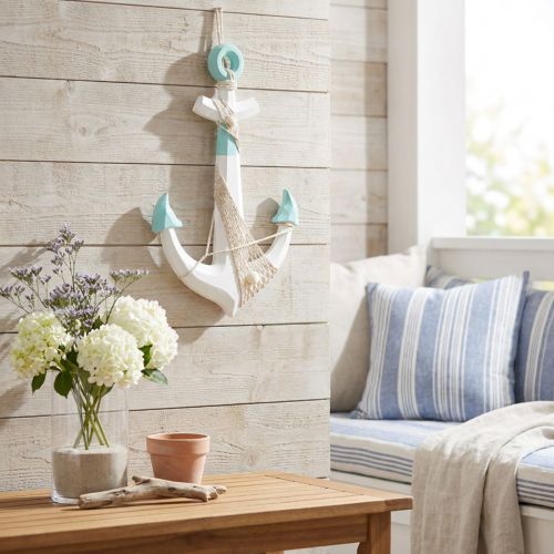 Décoration Murale Ancre Marine Blanc et Bleu avec Filet et Coquillages H58,5 cm | Floristik24.fr