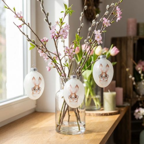 Lot de 6 œufs décoratifs en verre avec motif lapin et paillettes, 5x8 cm | Floristik24.fr