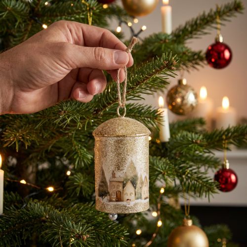 Article Cloche à suspendre ornée d'un motif de village d'hiver, 20 cm