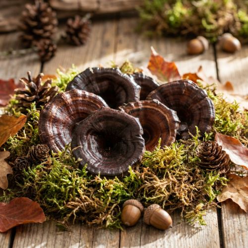 50 champignons décoratifs séchés laqués marron clair et foncé 7-8 cm | Floristik24.fr
