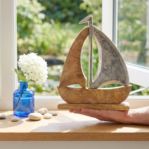 Décoration bateau en bois et métal argenté - 25,5x4x28,5 cm | Floristik24.fr