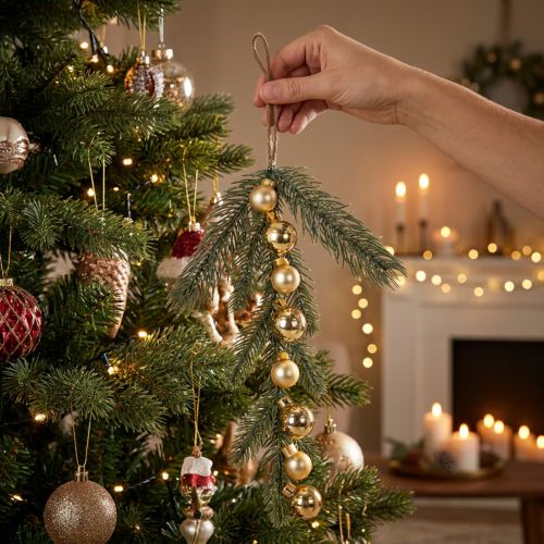 Article Branche de sapin artificielle avec mini boules de Noël dorées, 46 cm, 2 pièces