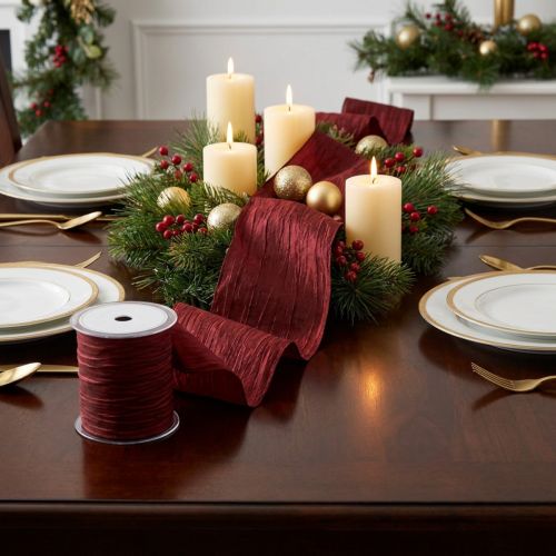 Ruban décoratif bordeaux en tissu froissé 100 mm x 15 m | Floristik24.fr