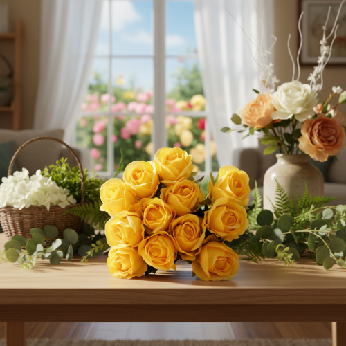 Article Roses artificielles jaunes à tige longue 62 cm Lot de 12