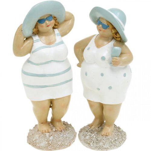 Floristik24 Figurine décorative dames sur la plage, décoration estivale, figurines de bain avec chapeau bleu/blanc H15/15,5cm lot de 2