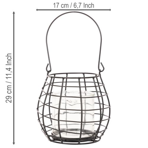 Lanterne de jardin noire avec anse et photophore en verre Ø17cm H15cm | Floristik24.fr