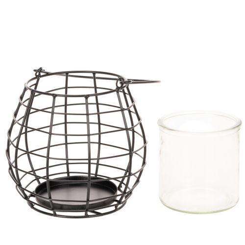 Lanterne de jardin noire avec anse et photophore en verre Ø17cm H15cm | Floristik24.fr