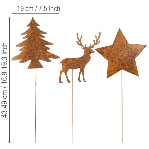 Piquet de jardin, acier patiné, cerf, étoile, sapin, H14/20, 3 pièces | Floristik24.fr