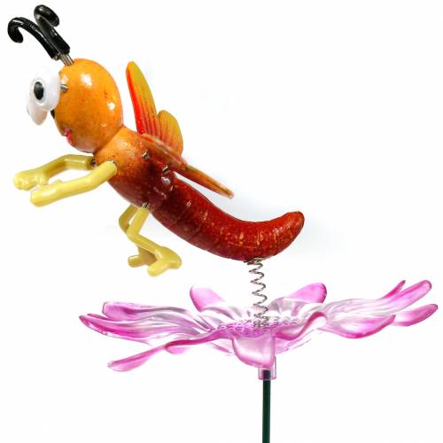 Article Piquet de Jardin Libellule sur Fleur avec Ressort en Métal Orange, Rose H74cm