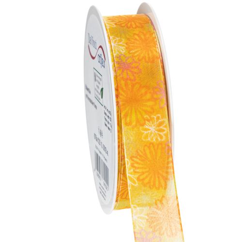Floristik24 Ruban cadeau, ruban d'organza à motif floral, jaune/orange, 25 mm x 18 m