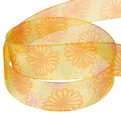 Article Ruban cadeau, ruban d'organza à motif floral, jaune/orange, 25 mm x 18 m