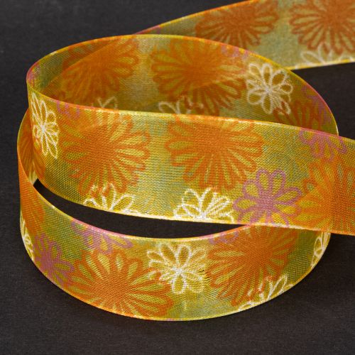 Article Ruban cadeau, ruban d'organza à motif floral, jaune/orange, 25 mm x 18 m