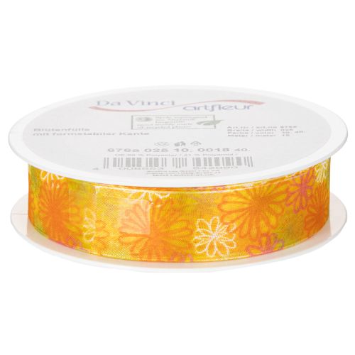 Article Ruban cadeau, ruban d'organza à motif floral, jaune/orange, 25 mm x 18 m