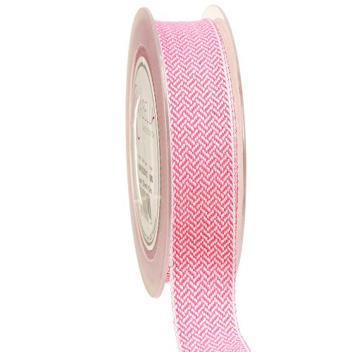 Ruban cadeau ruban motif chevrons blanc rose 25mm 15m