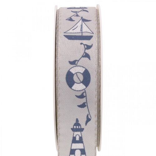 Ruban cadeau décoration maritime ruban tissé bleu, gris 25mm 18m