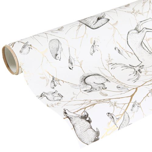 Article Papier cadeau animaux blanc gris or automne hiver 200cm