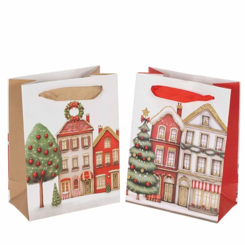 Lot de 2 sacs cadeaux de Noël 12 x 6 x 16 cm, maisons et sapin, anses en ruban colorées