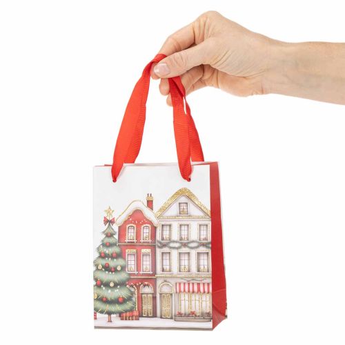 Lot de 2 sacs cadeaux de Noël 12 x 6 x 16 cm, maisons et sapin, anses en ruban colorées | Floristik24.fr