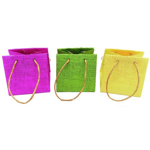 Sacs cadeaux avec poignées papier rose jaune vert aspect textile 10,5cm 12pcs
