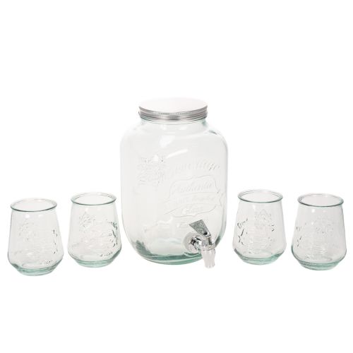 Distributeur de Boissons en Verre avec Robinet et 4 Verres Recyclés H25,5cm