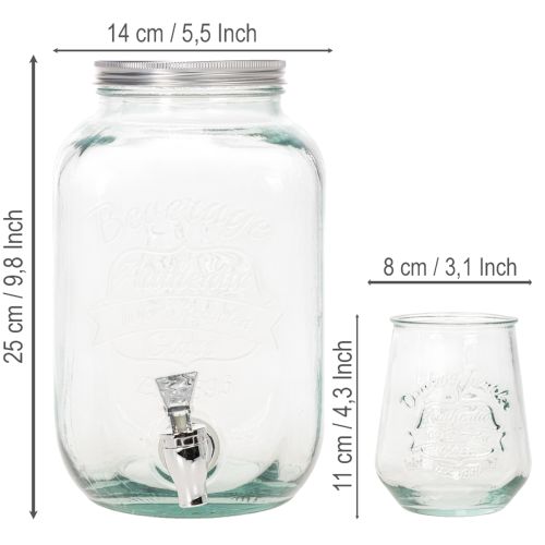 Distributeur de Boissons en Verre avec Robinet et 4 Verres Recyclés H25,5cm | Floristik24.fr