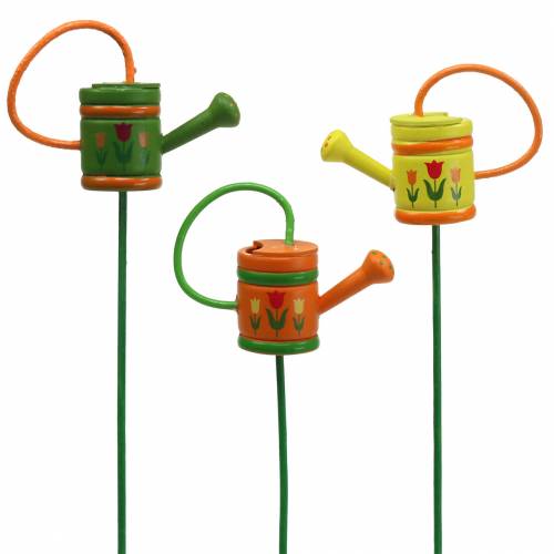 Bouchon fleur arrosoir bois vert, jaune, orange assorti 7,5cm x 5,9cm H30,5cm 12 pcs