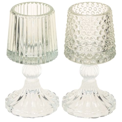 Photophore en verre avec base à pois et rainures H15cm 2pcs