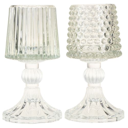 Article Photophore en verre avec base à pois et rainures H15cm 2pcs