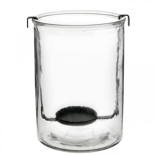 Lanterne verre avec photophore métal noir Ø13.5×H20cm